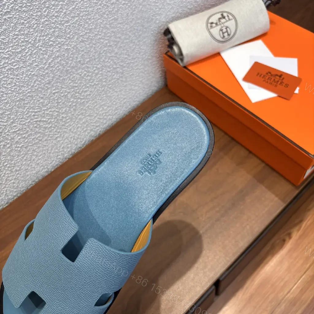 View 6 of Blue Leather Slipper Sandals, Modern Hermes-Style, Matte Finish Slide