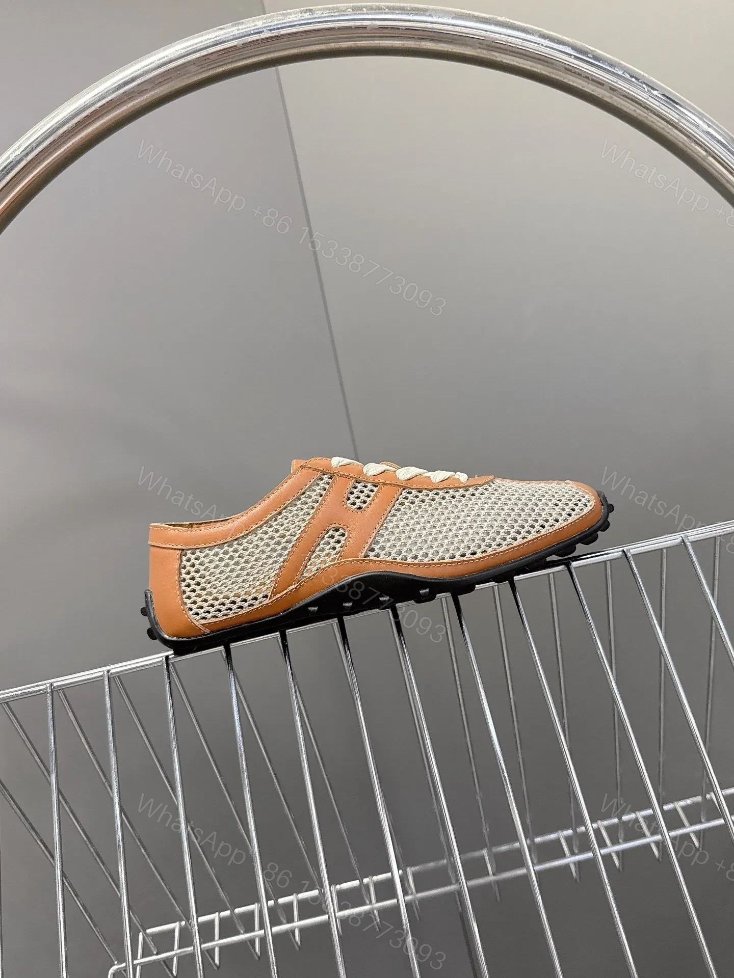 View 6 of Hermes Women Beige Mesh And Tan Leather Sneakers