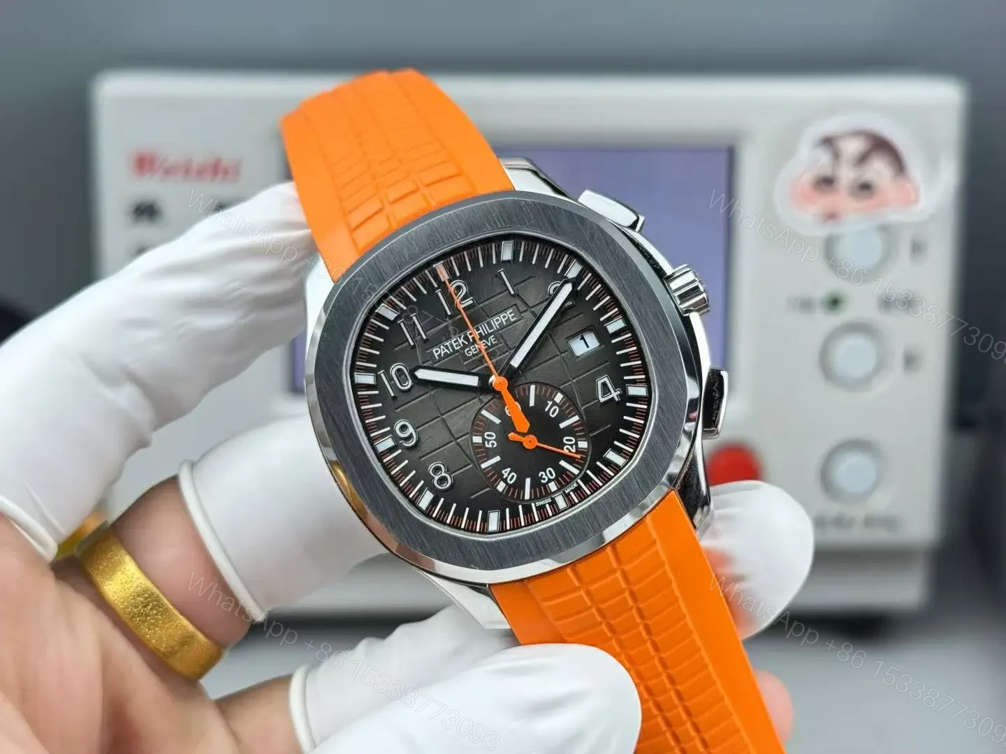 View 2 of Patek Philippe super clone Aquanaut Black Dial Orange Rubber Strap Premium 42MM PATEK-AQUA42-BLK-ORG