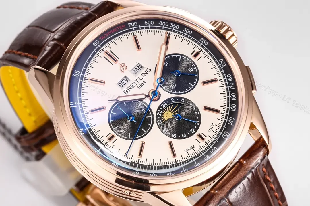 View 3 of ZF Factory Breitling Premier Series Rose Gold Blue and White Dial Brown Leather Strap Watch