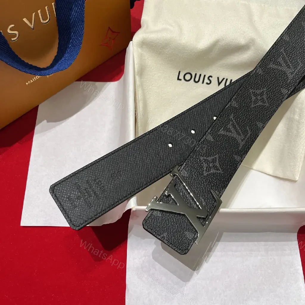 View 4 of Black Leather Modern Luxury Belt with LV Buckle Signature Pattern