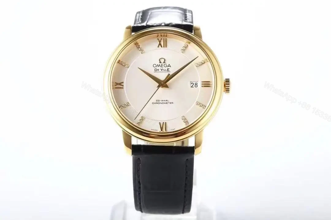 MKS Omega De Ville Prestige Replica Watch Gold with Black Leather Strap — view 1