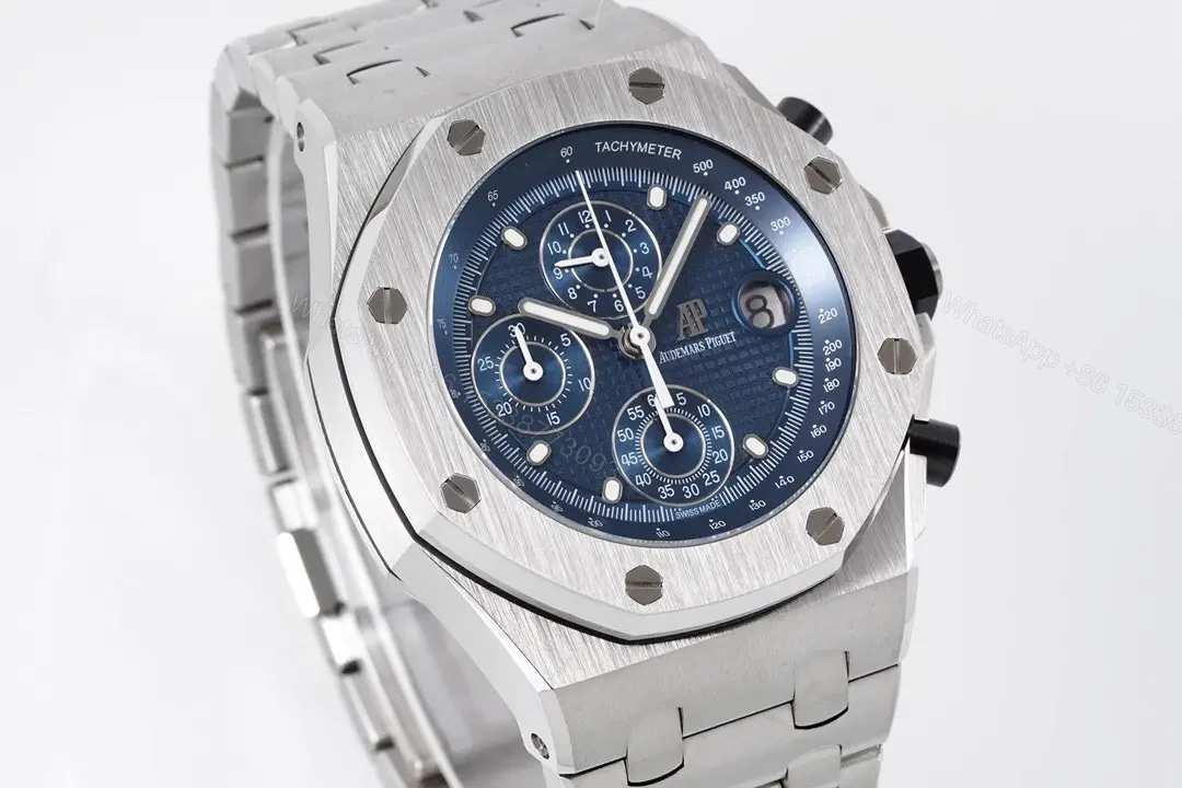 View 2 of JF Factory Audemars Piguet Royal Oak Offshore Stainless Steel Bracelet Watch with Blue Dial and 4404 Chronograph Movement