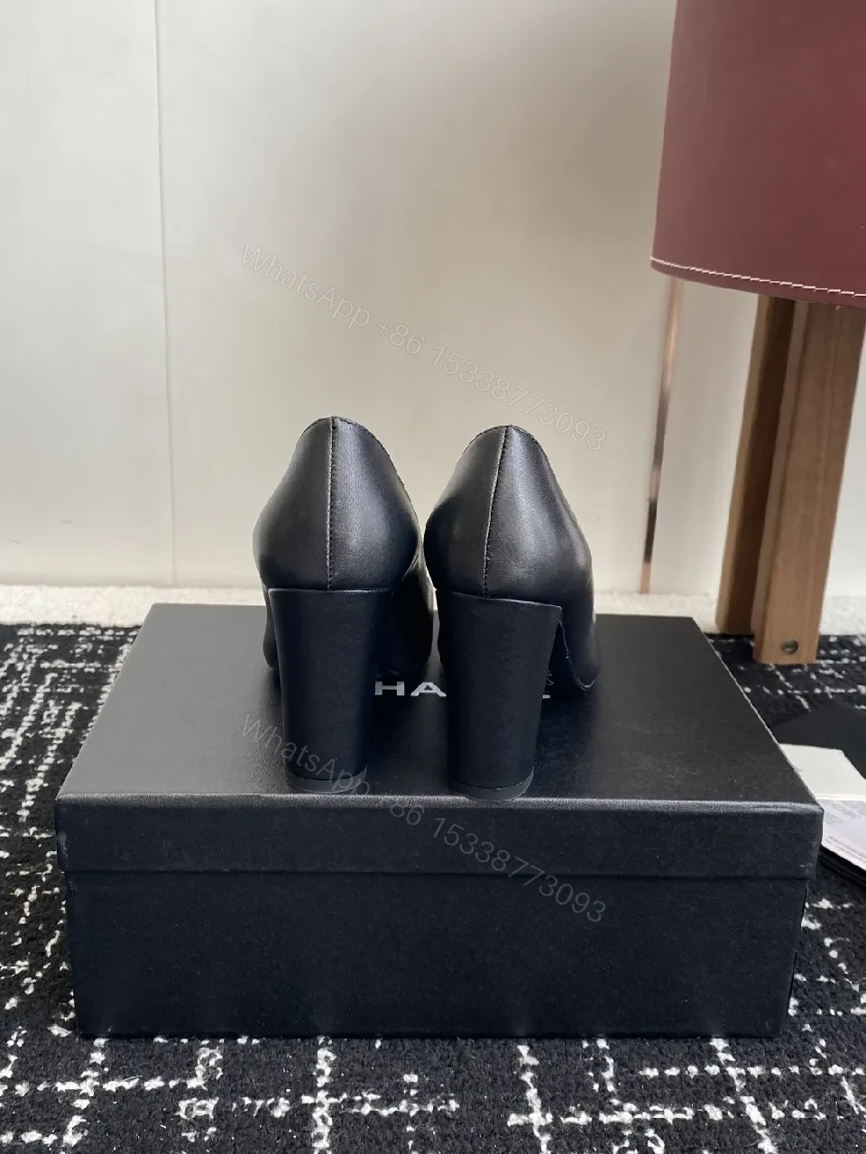 View 6 of Chic Black Leather Heels with White Trim Detail Pumps