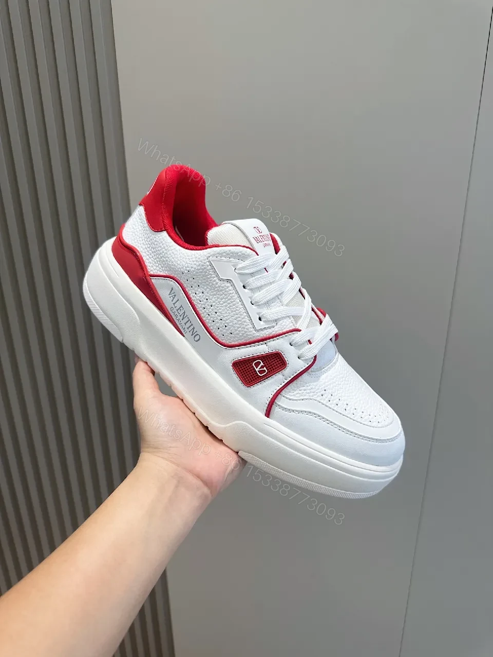 View 2 of White Leather Platform Sneakers with Red Piping, Casual Luxe Style, All-Day Comfort