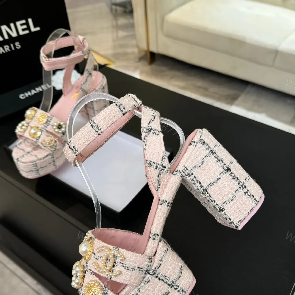 View 5 of Chanel-Inspired Pink Tweed Slingback Heels with Embellished Straps