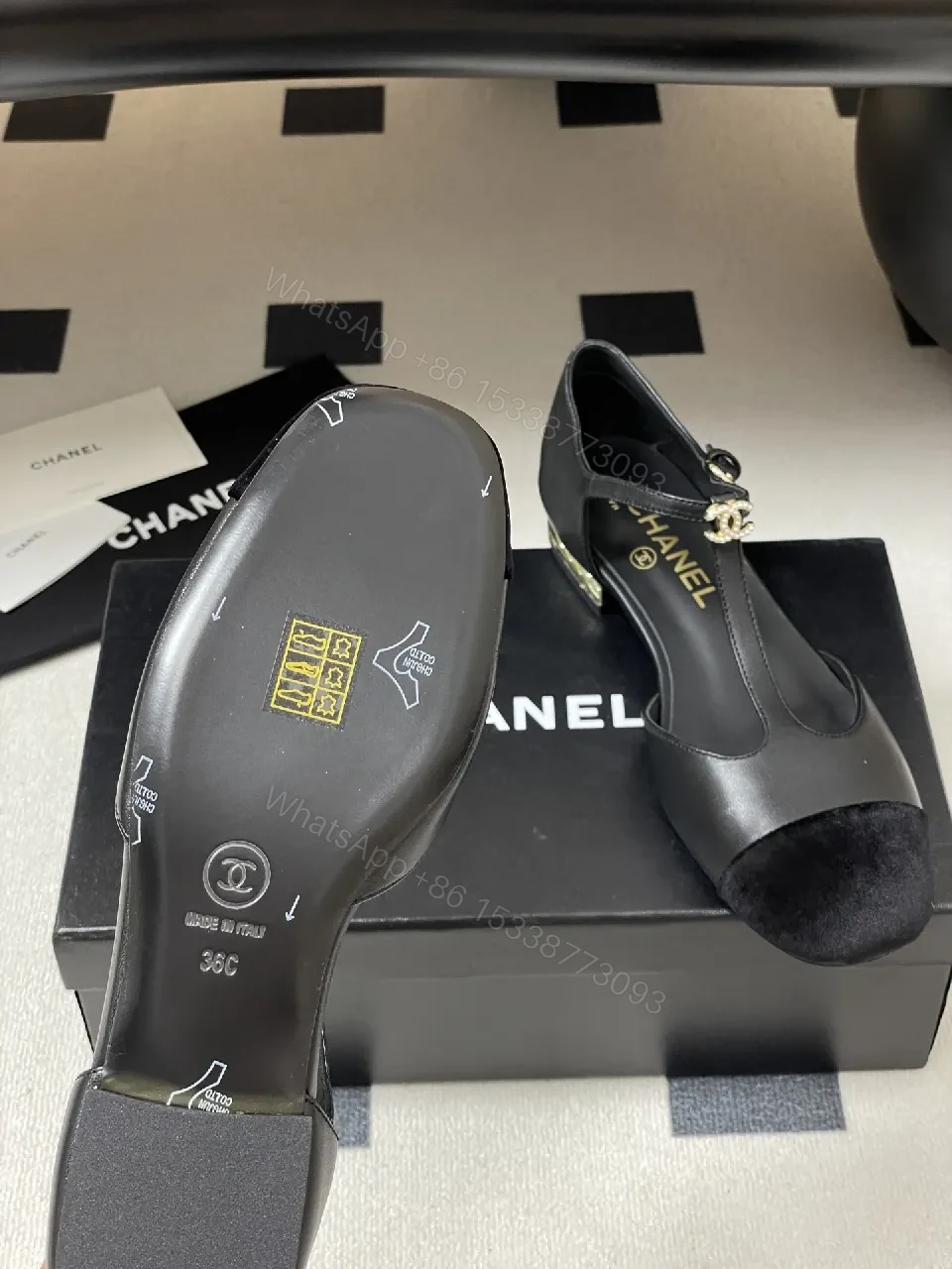 View 6 of Chic Black Suede T-Strap Pumps with Pearl Clasp