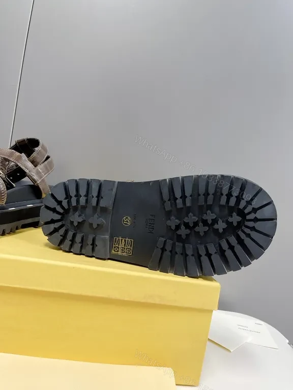 View 7 of Brown Leather Sandals + Fendi Logo Pattern + Slide + Adjustable Buckle + Sandals