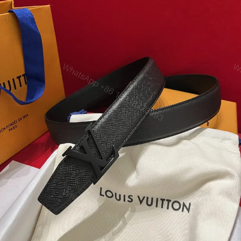 View 3 of Black Pebbled Leather Belt with LV Buckle, Classic Style