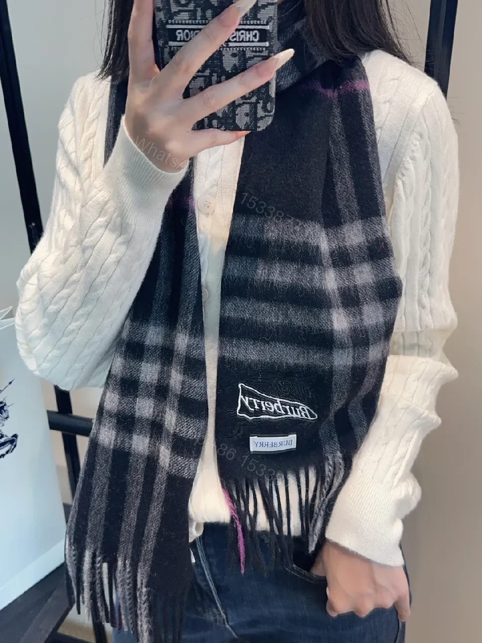 View 5 of Textured Check Scarf: Luxe Warmth, Fringe Detail, Unisex