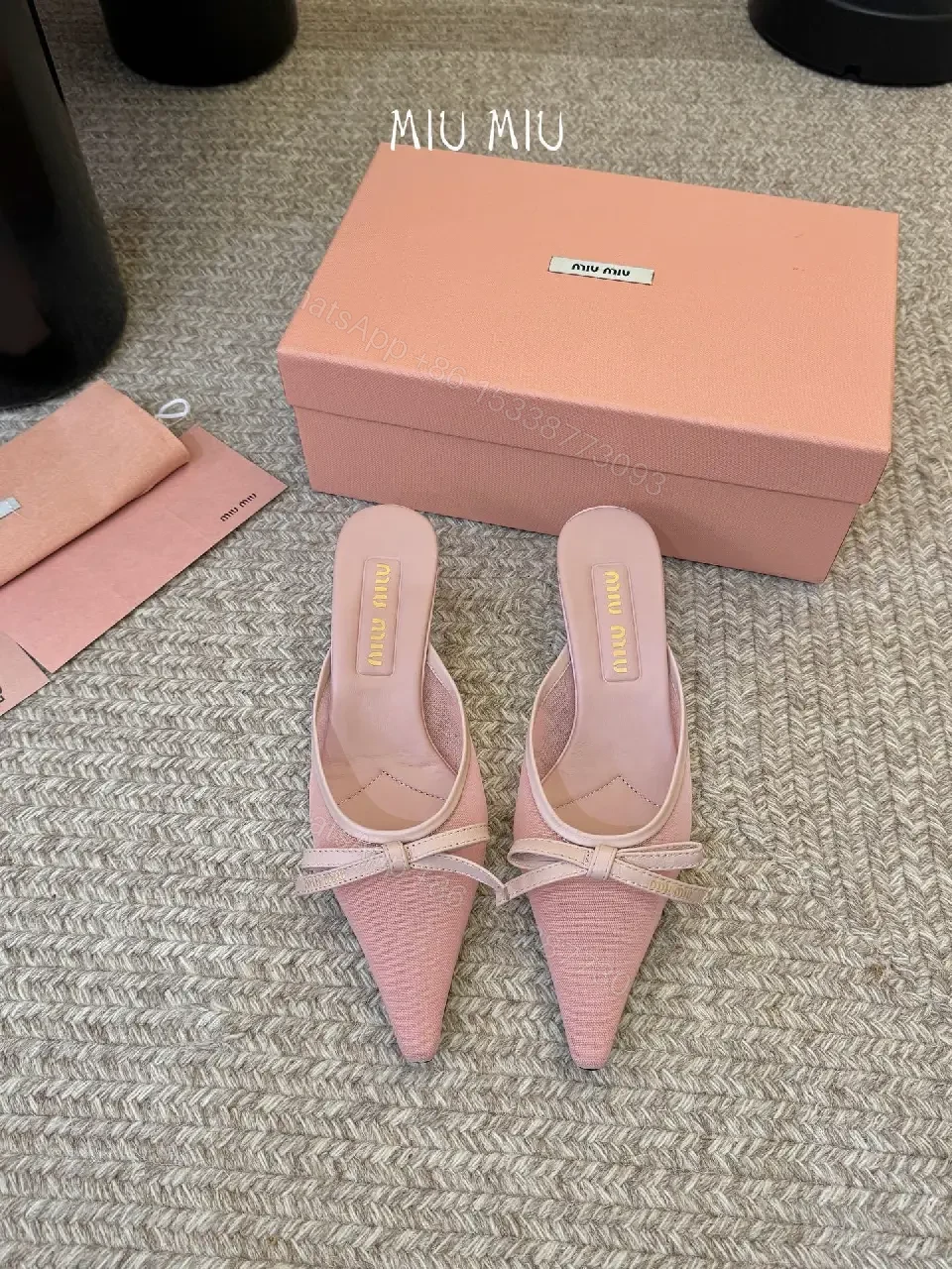 View 3 of Blush Pink Pointed-Toe Mules, Luxe Textured Knit Heel