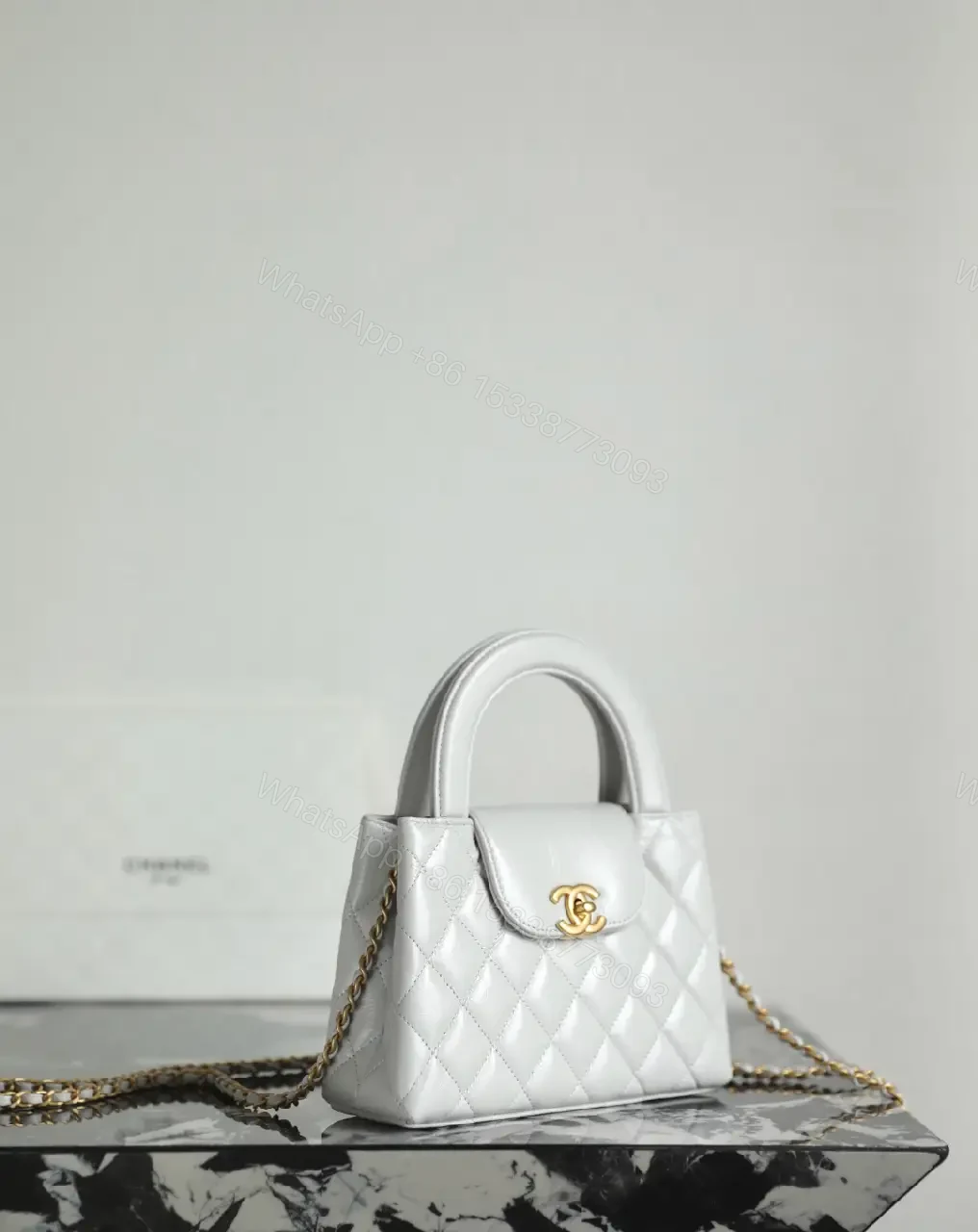 View 4 of Quilted Satchel with Gold Hardware, White, Compact Style, Crossbody-ready Bag