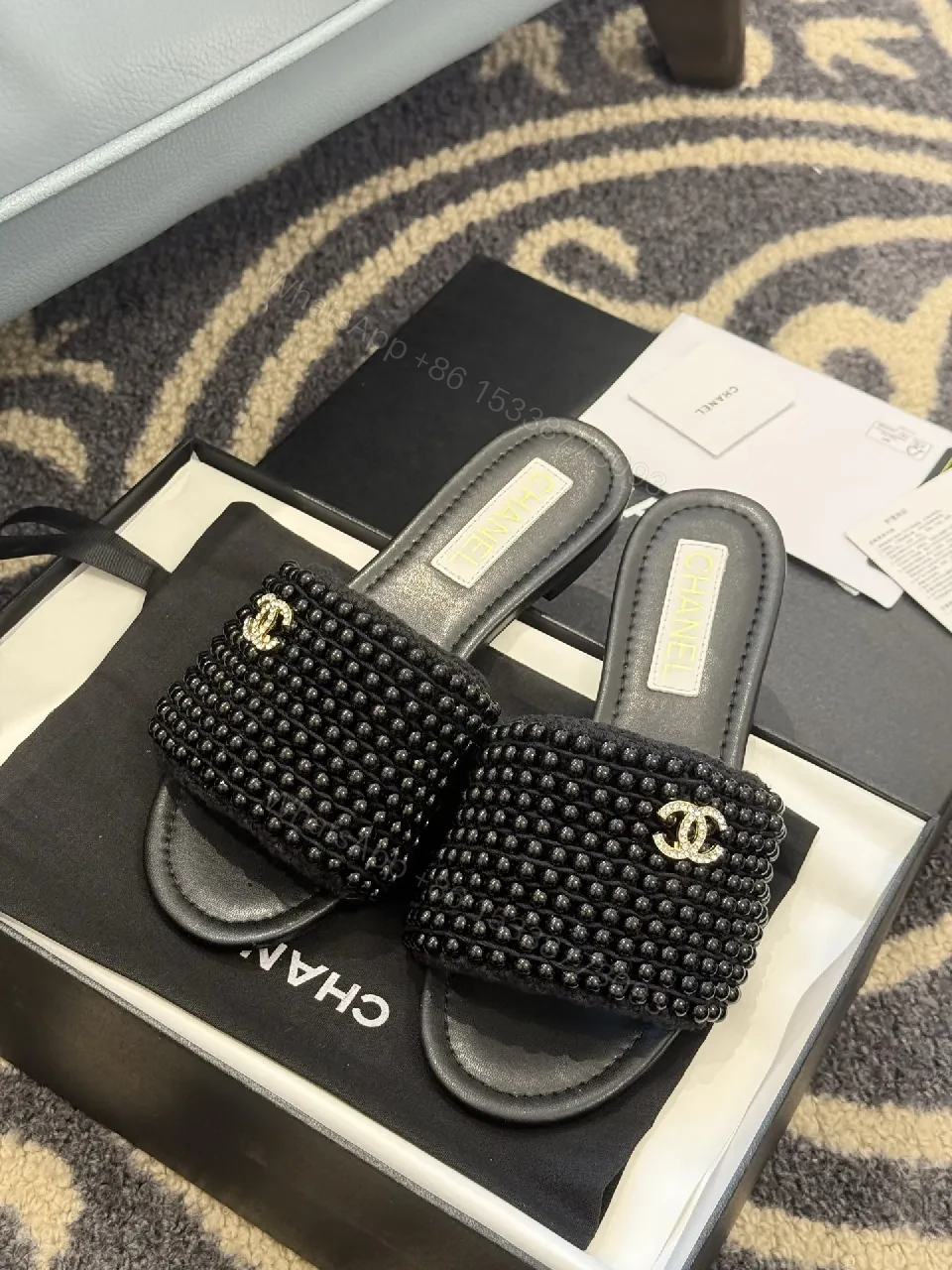 Beaded Black Slide Sandals, Luxe-Beam, All-Day Comfort — view 1