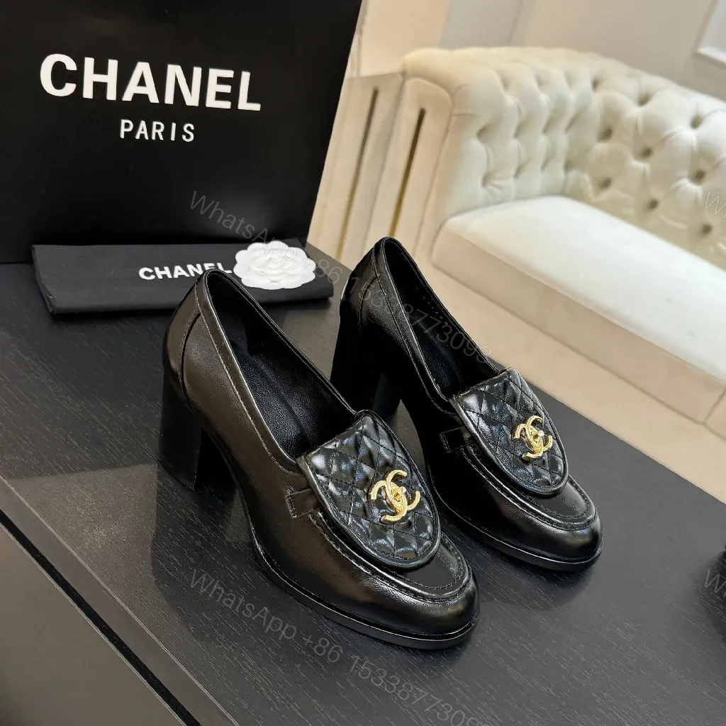 View 3 of Quilted Leather Loafers with Gold Logo, Chic Classic