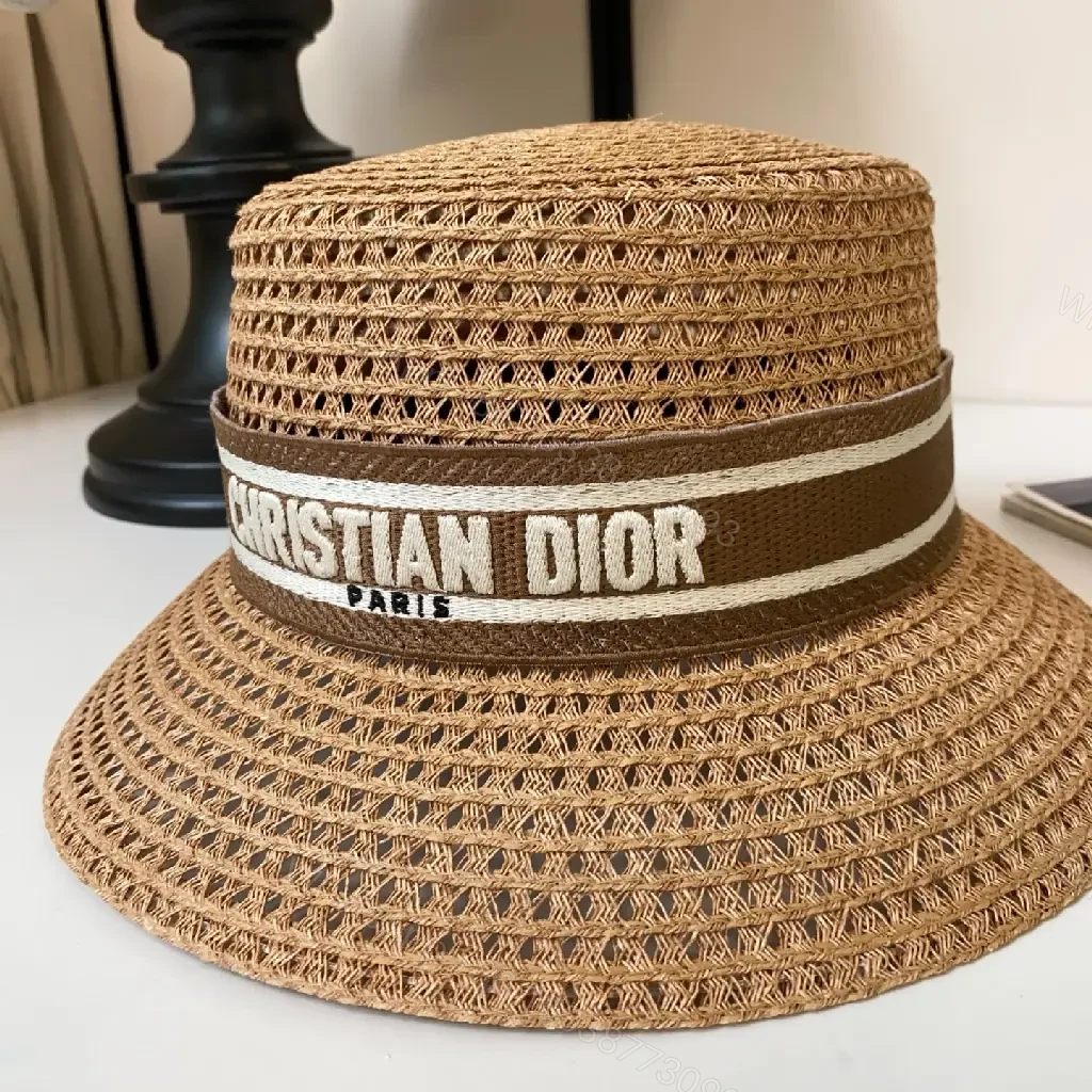 View 2 of Tan Woven Straw Hat Bucket-Style Wide-Brim with Logo Band