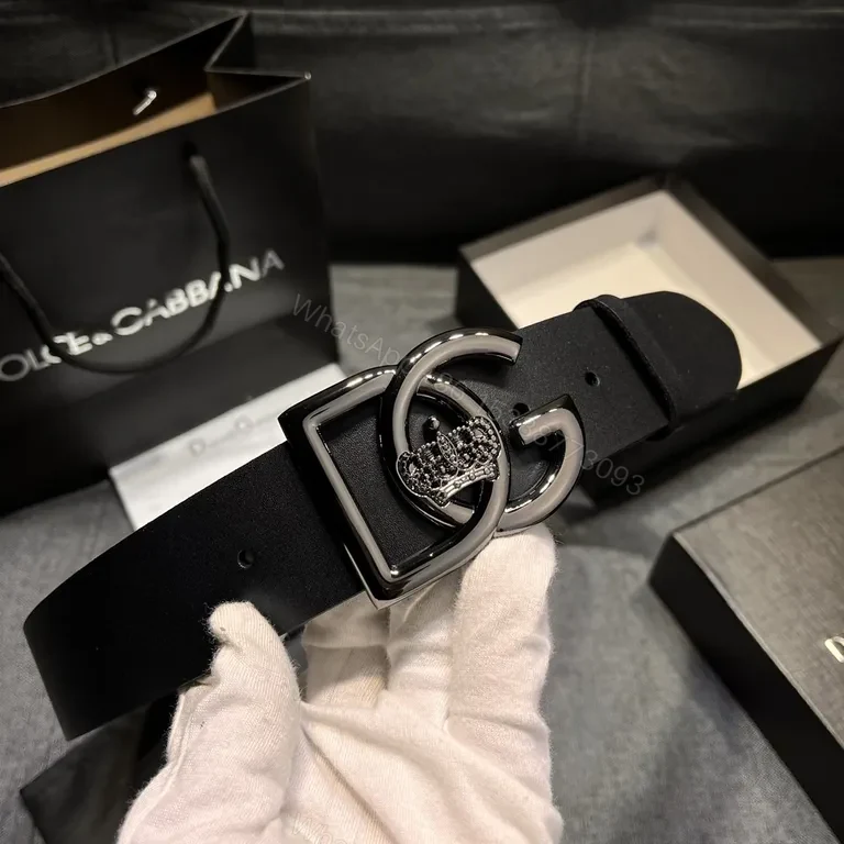 View 7 of Sleek Black Leather Belt with Crystal Crown Buckle - DG Signature
