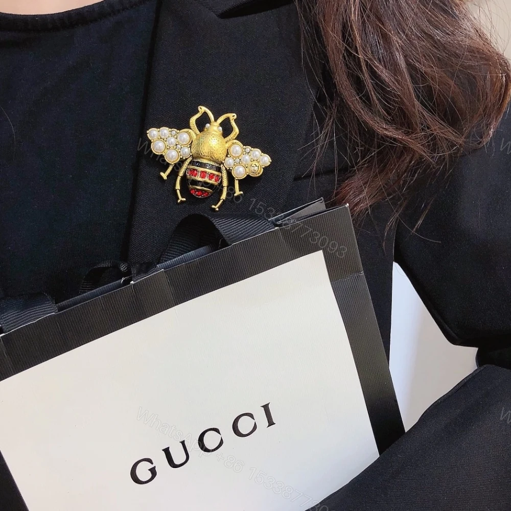 View 7 of Gucci GG Black And Red Bee Brooch Gold With Pearl