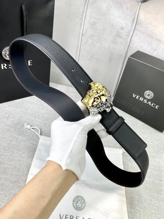 View 4 of Versace Two-Tone Medusa Belt: Black Full-Grain Leather Luxury
