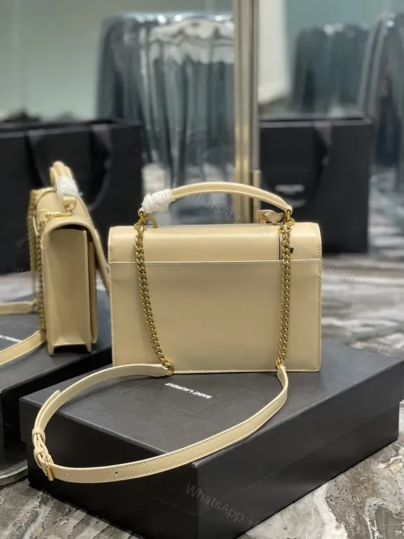 View 5 of Beige Leather Handbag â€“ Structured YSL Monogram, Top-Handle