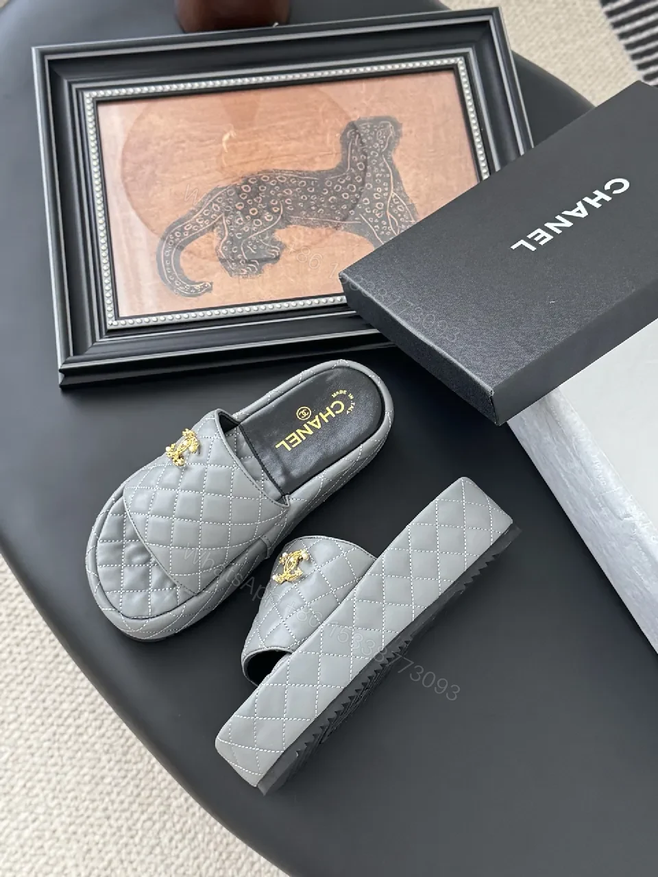 Grey Quilted Mule & Slide Set - Lux Comfort, Gold Hardware — view 1