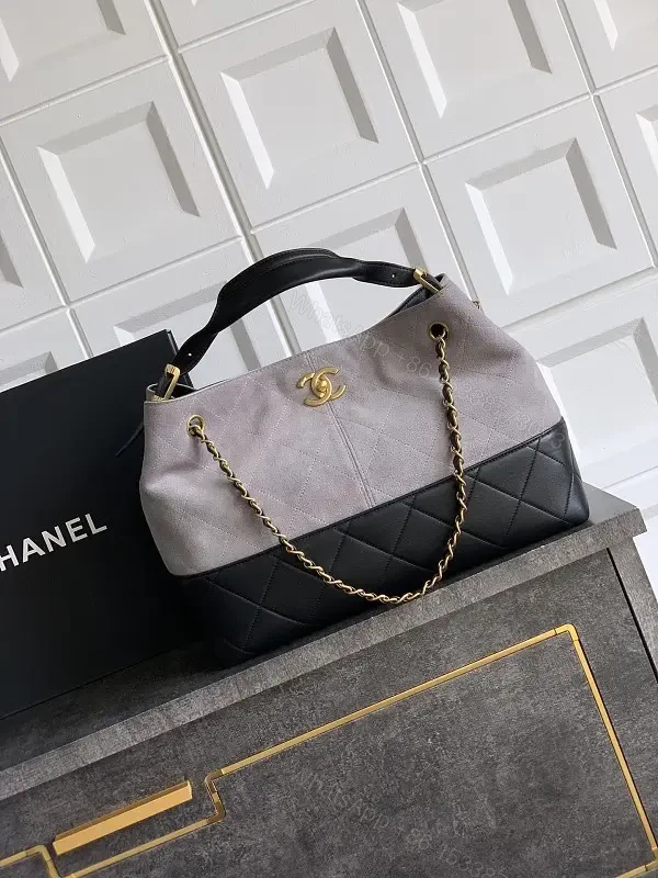 Two-Tone Taupe/Black Quilted Tote with Gold Chain Strap — view 1