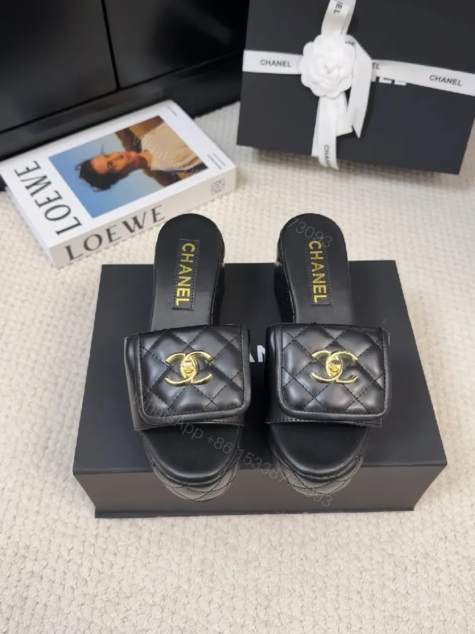 Quilted Leather Slides with Gold Logo Sandals — view 1
