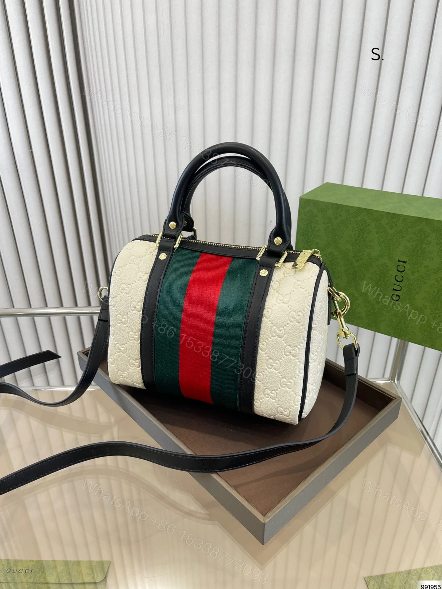 View 3 of Gucci Dark Brown/Beige GG Canvas and Small Vintage Web Boston Bag