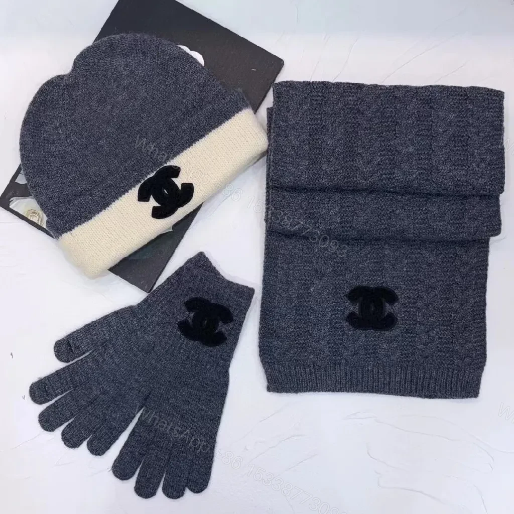 View 6 of Cozy Knit Set: Textured Scarf, Beanie & Gloves with Logo