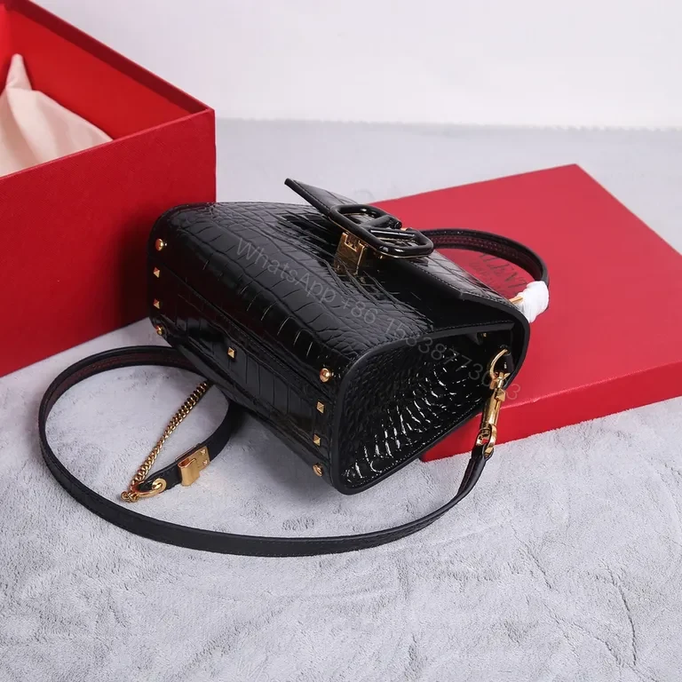 View 6 of Croc-Embossed Satchel: Black Calfskin Valentino Bag