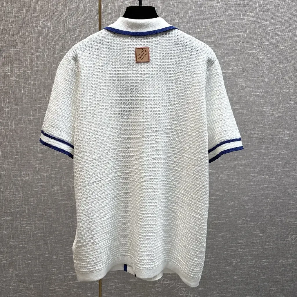 View 3 of White Knit Polo Shirt Blue Trim Louis Vuitton Style Key Pocket Polo Shirt