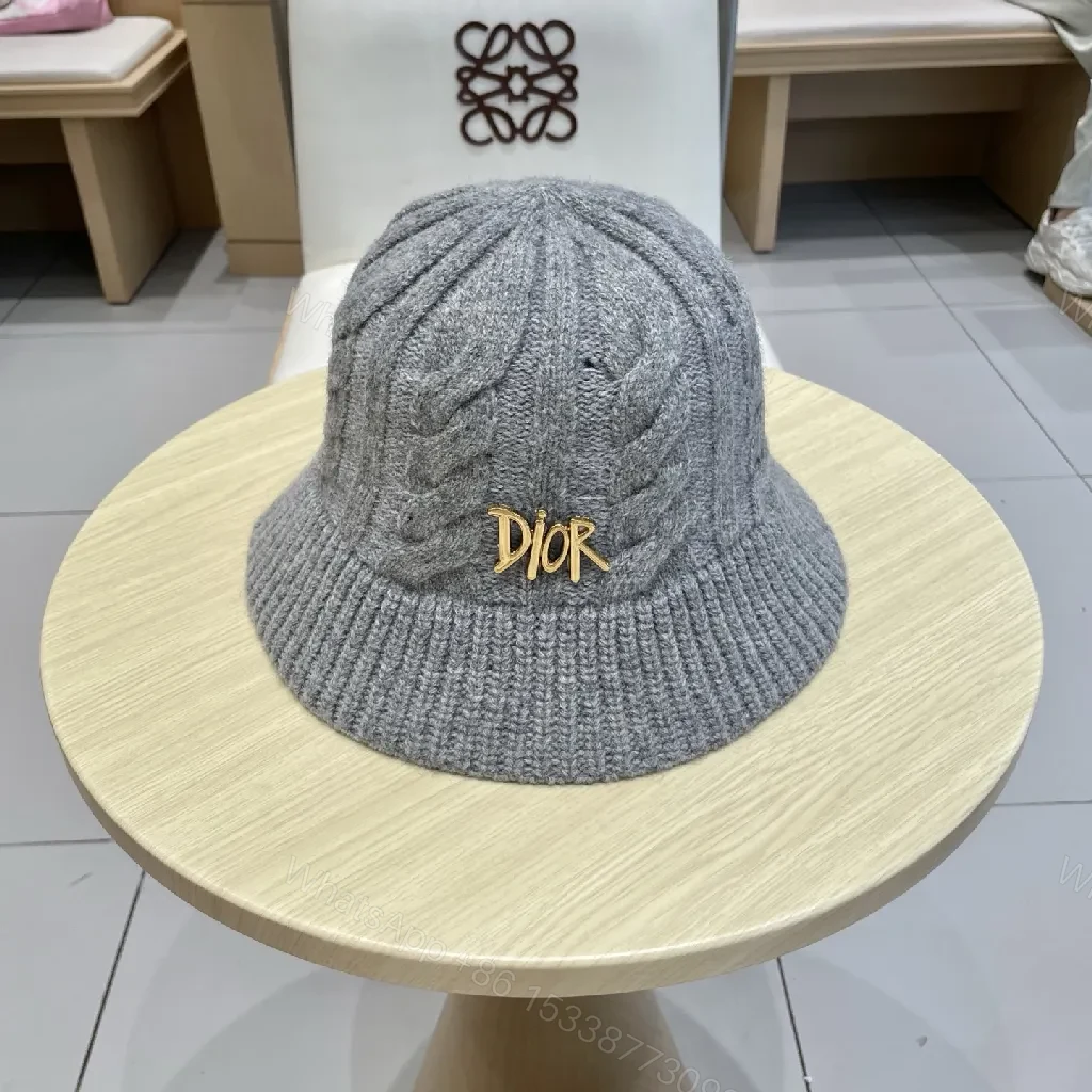 Textured Wool Cap with Gold Logo Knit Hat, Grey, Luxury Style — view 1