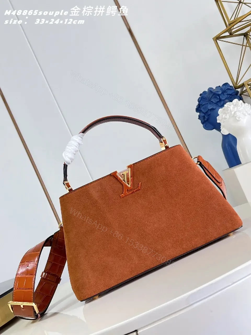View 5 of Warm Tan Suede Shoulder Bag with Gold Hardware