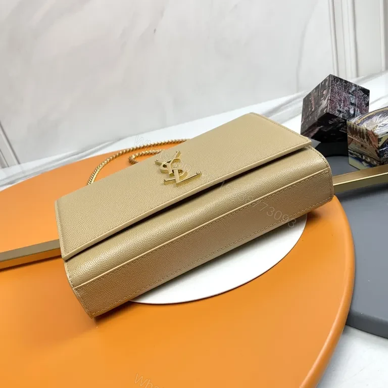 View 8 of Beige Leather Wallet-on-Chain with Gold YSL Logo