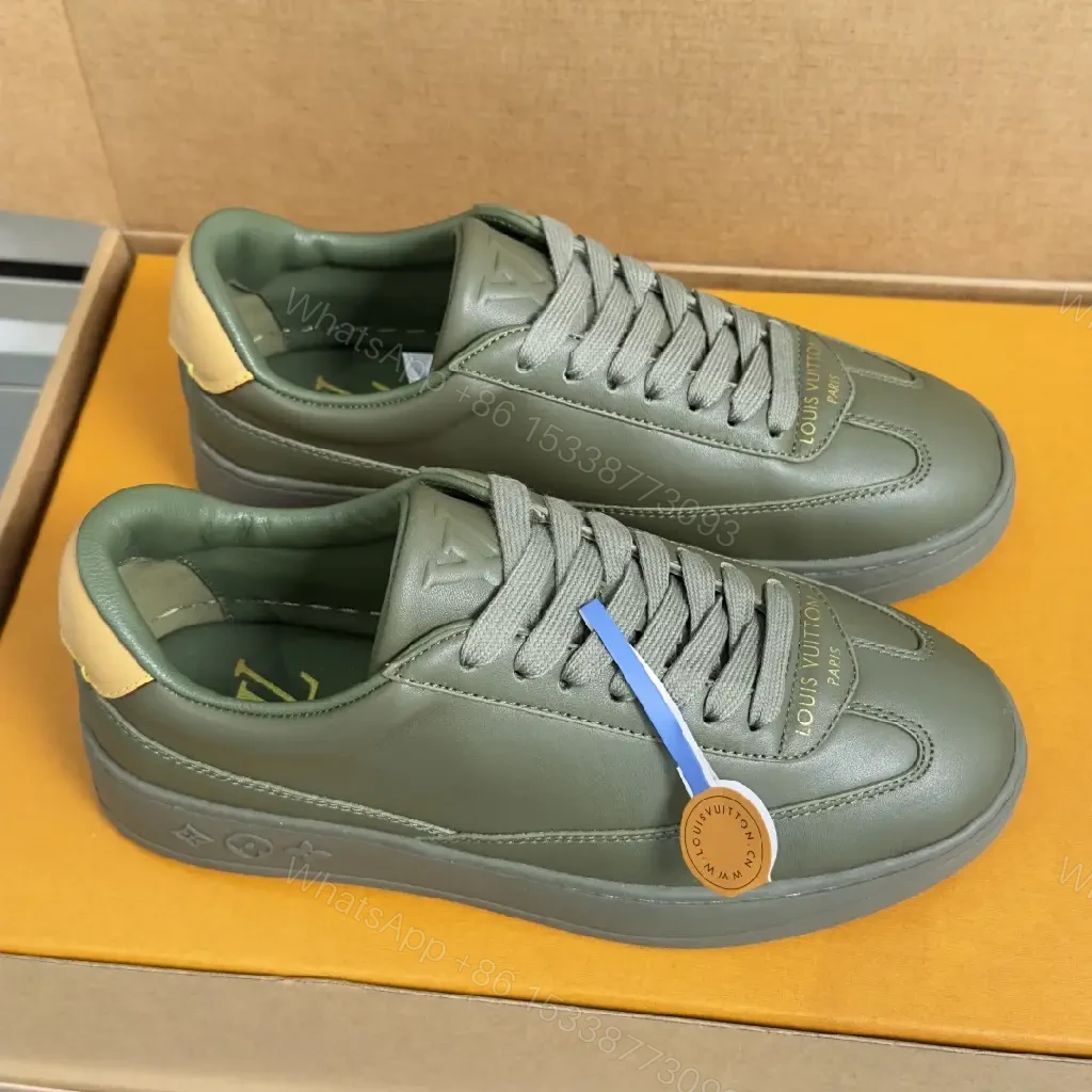 View 8 of Green Leather Sneaker, Platform Sole, Louis Vuitton Style, Monogram Accents, Casual Shoes