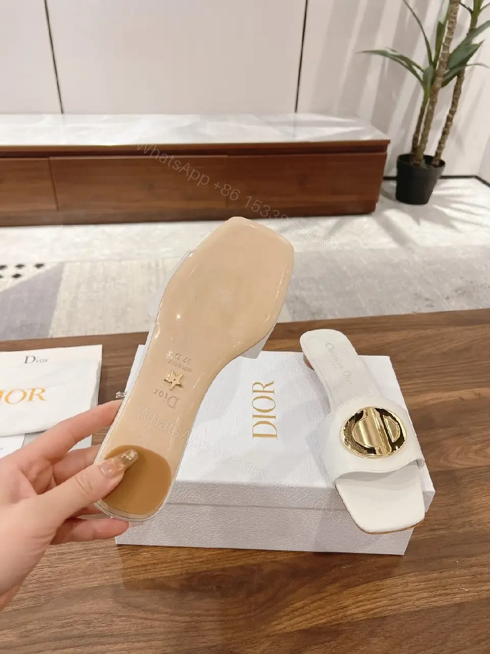 View 3 of White Leather Slide Sandals Gold Heart Buckle Dior Style Comfortable Sandals