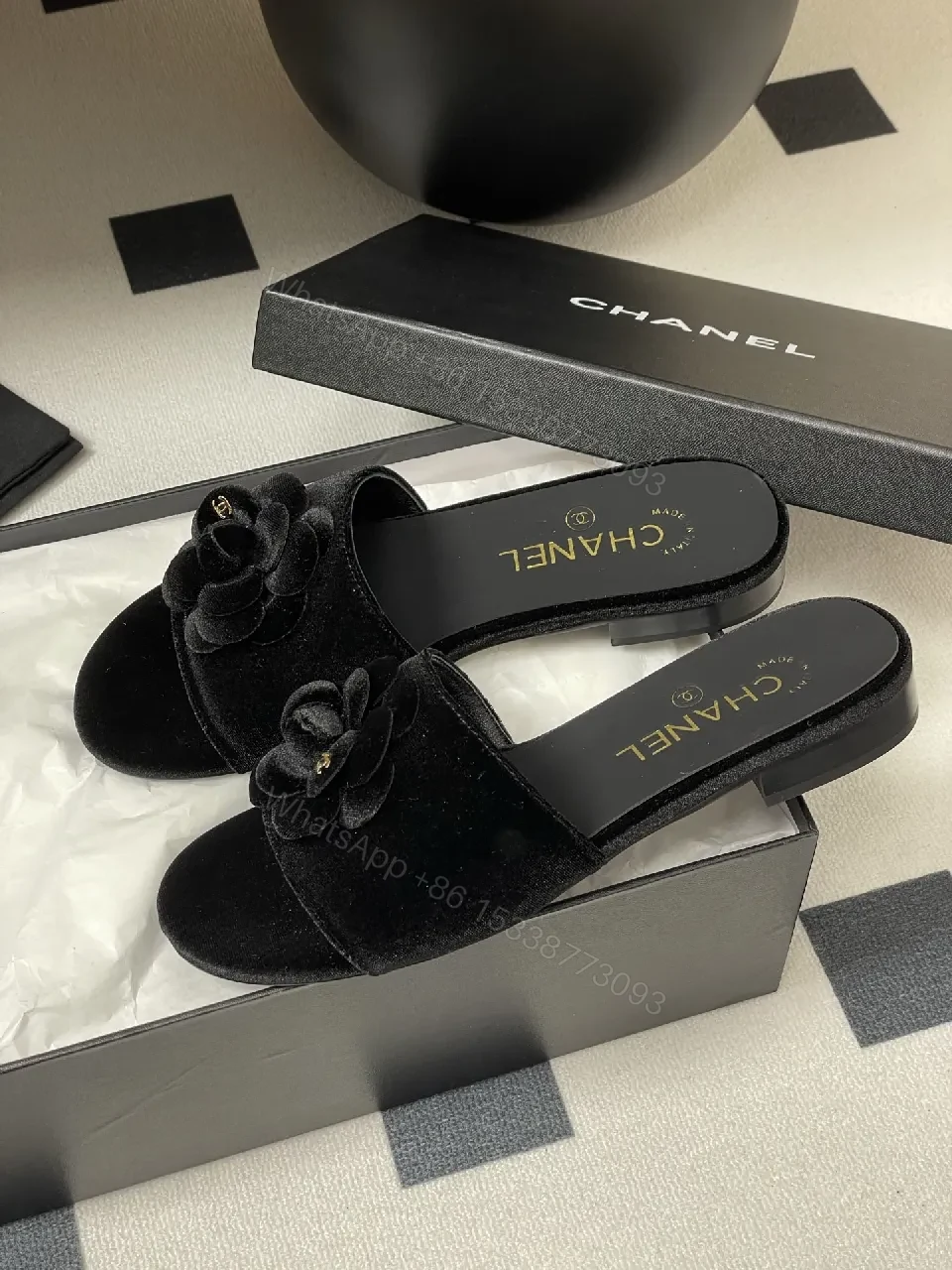 View 5 of Velvet Rose Slide Sandals: Luxury Comfort, Black, Open-Toe