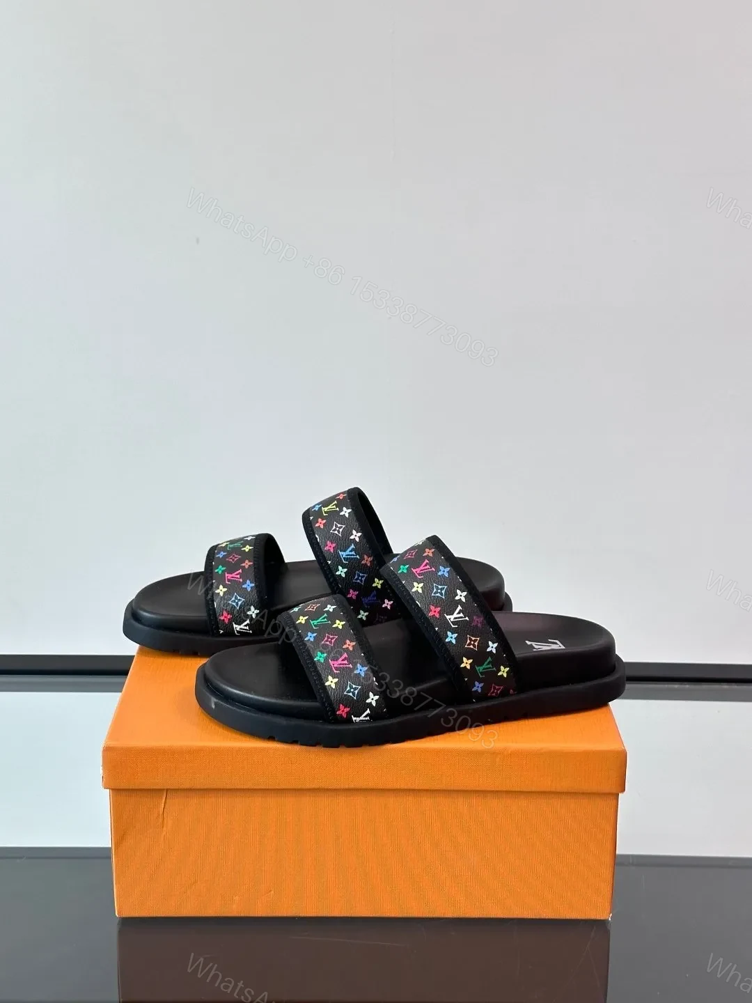 View 3 of LV Men Black Canvas Double Strap Slides