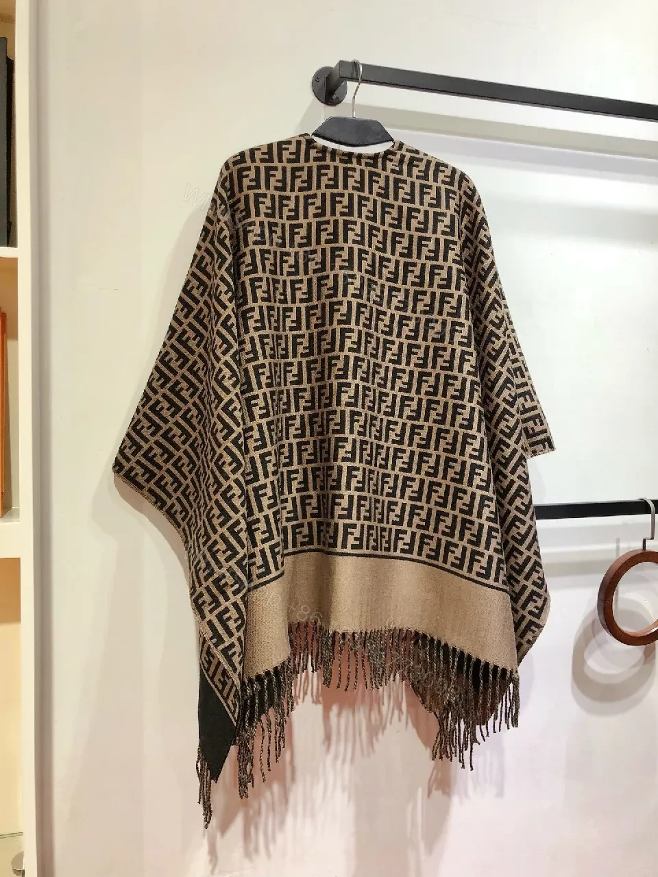 View 8 of Two-Tone Knit Poncho: Luxe Pattern & Soft Fringe