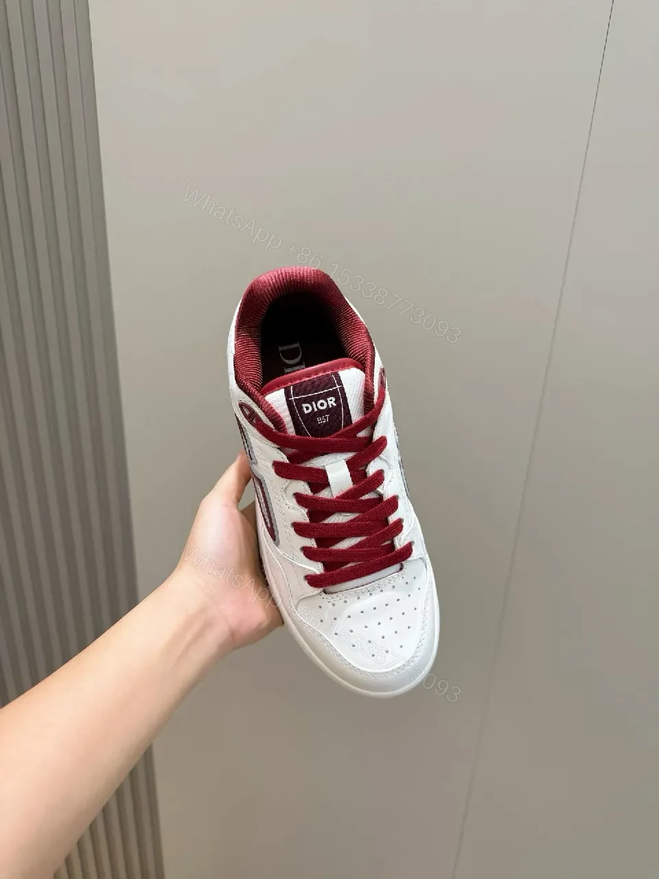 View 9 of White Leather Burgundy Accented Low-Top Sneakers: Modern Luxury Style
