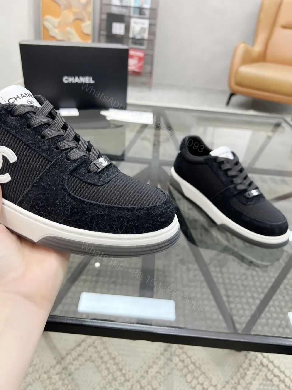 View 3 of Black Knit Sneaker + Leather-Texture Overlay + Minimalist + Signature Logo + Sneaker