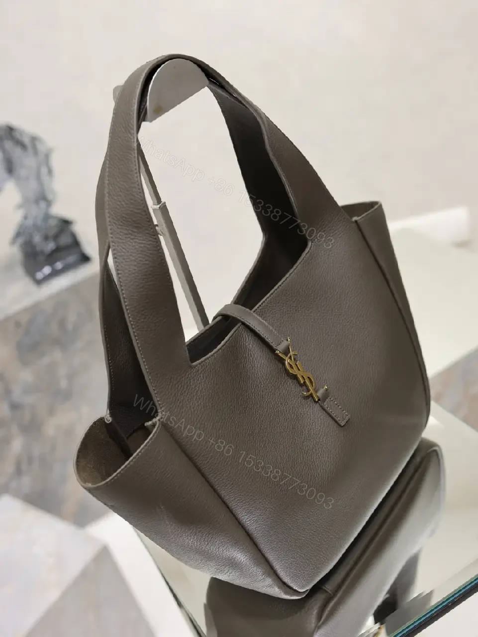 View 6 of Dark Brown/Black Pebbled Leather Tote with Gold YSL Charm