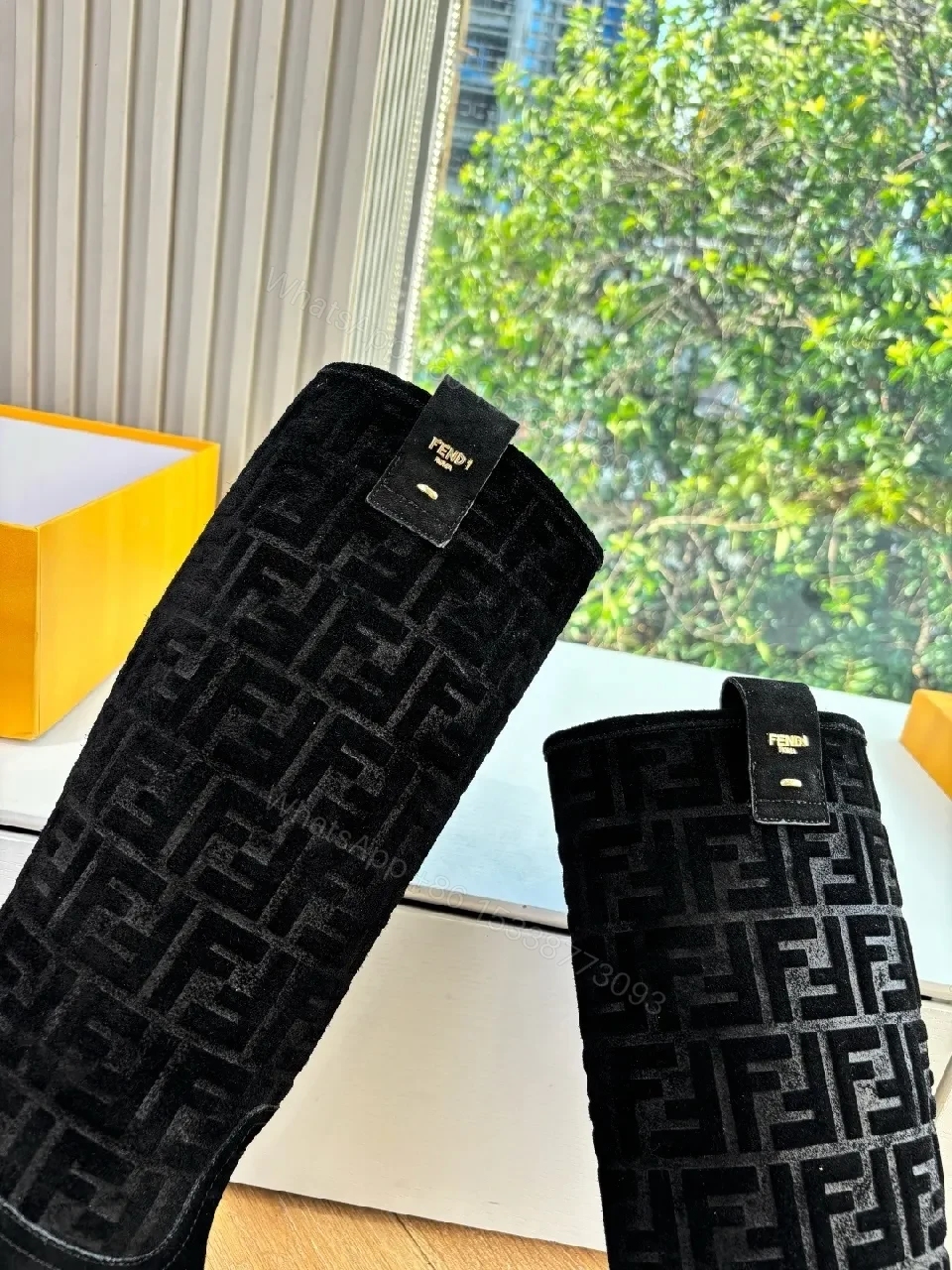 View 7 of Black Suede-Like Knee Boots with Signature Pattern Calf-Height Glam
