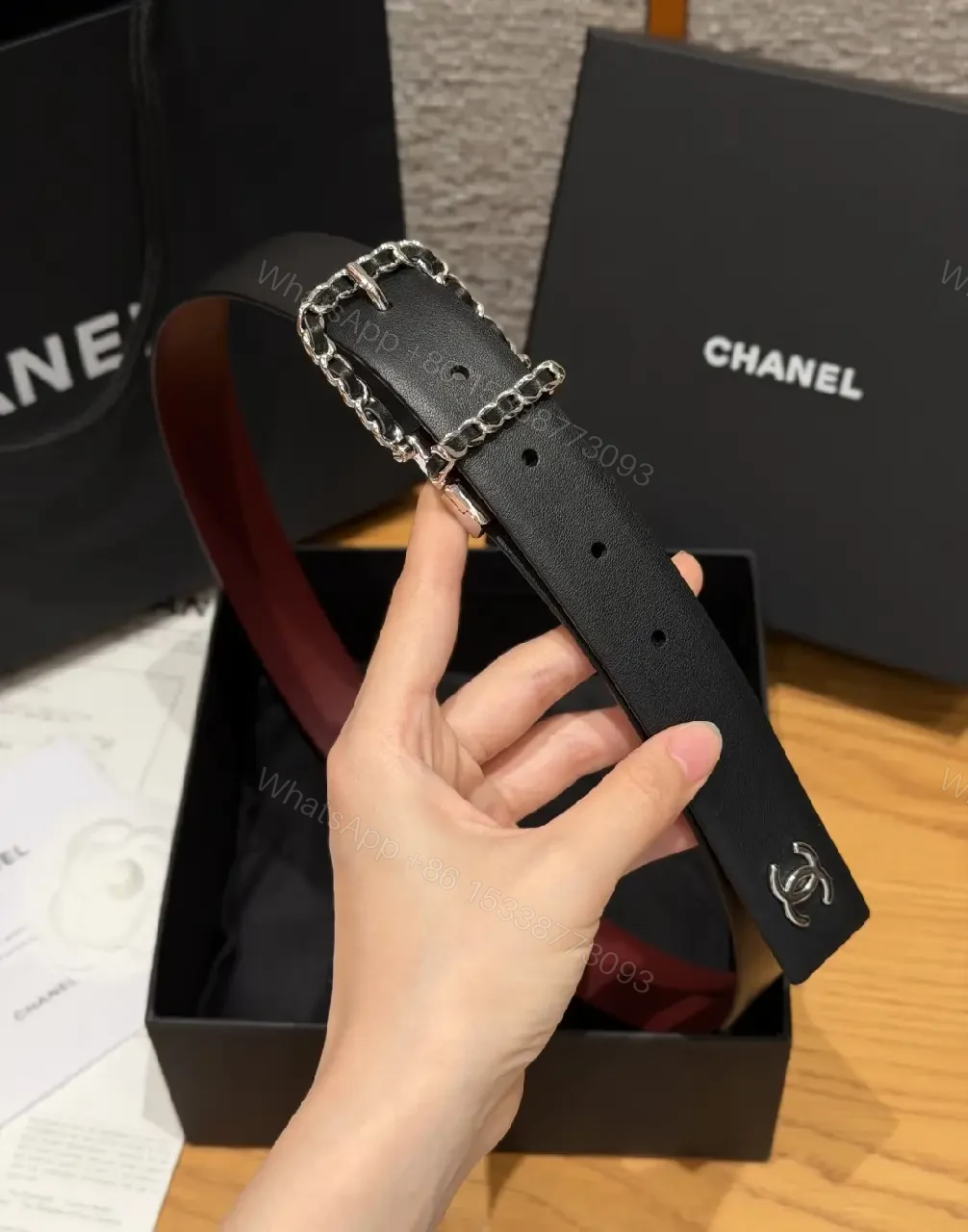 View 6 of Black Leather Belt - Silver Buckle, Chain-Link, Chanel-Style Logo