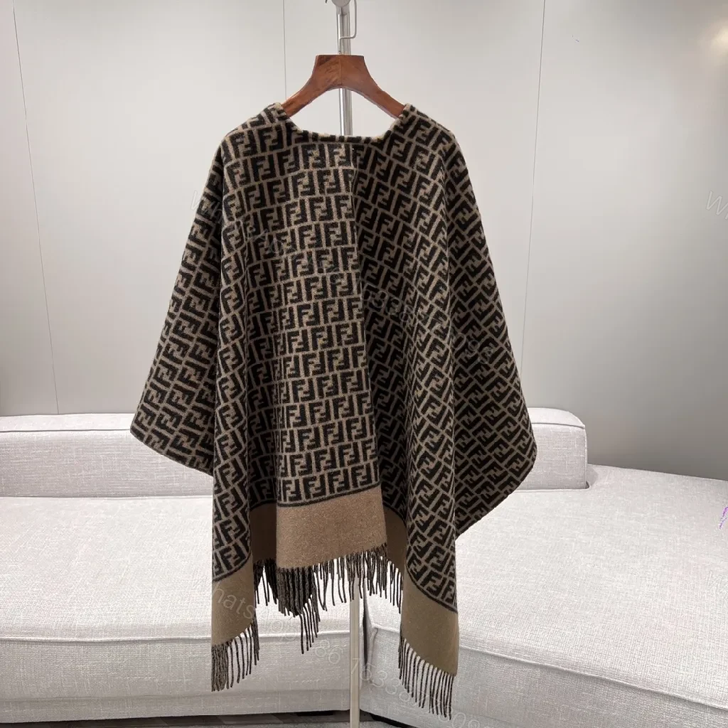 View 6 of Neutral Knit Poncho: Luxe Monogram-Patterned, Fringed, All-Season