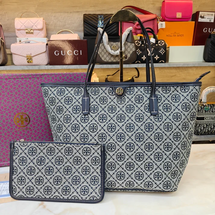 View 5 of First Copy Tory Burch T Monogram Large Zip Tote Bag Navy Blue