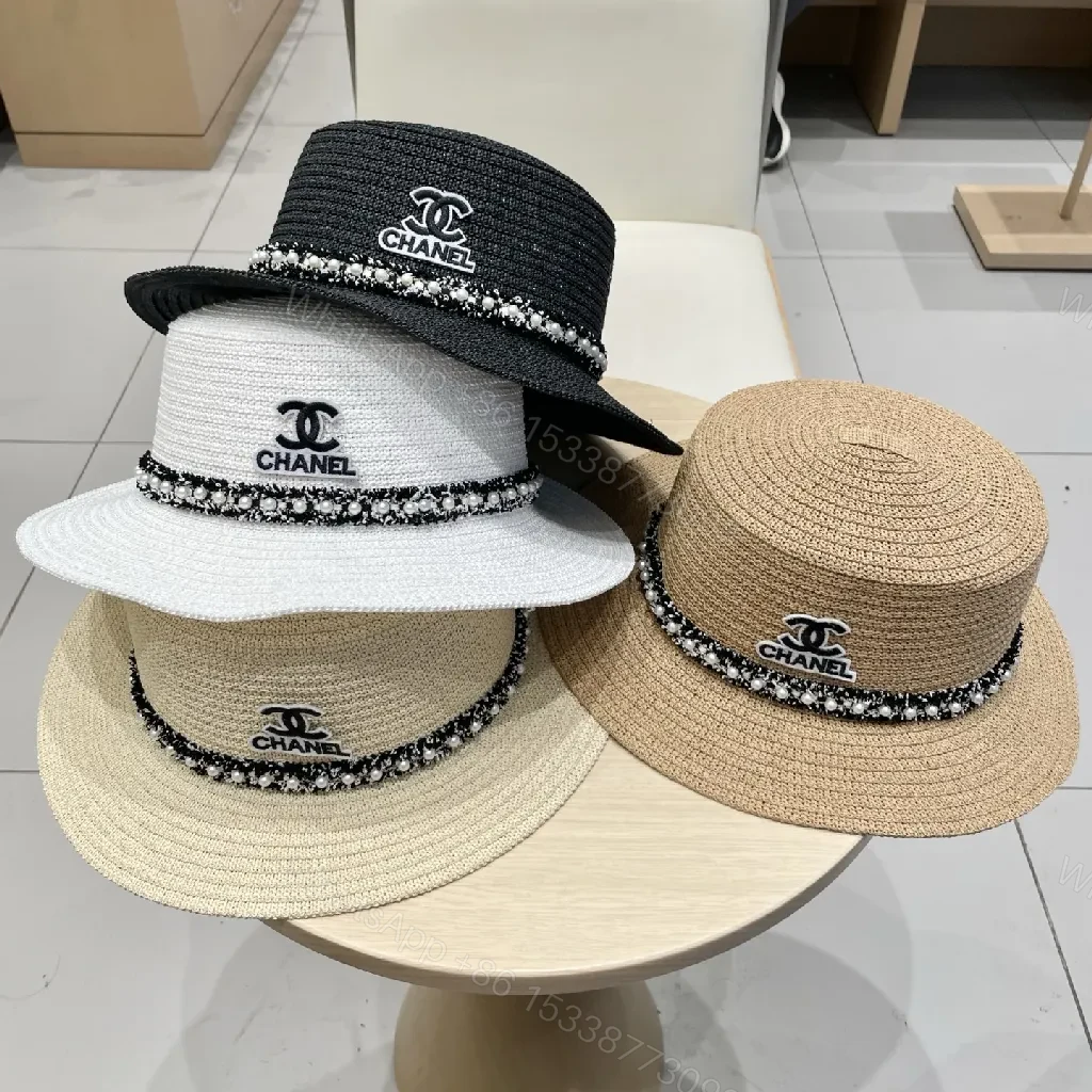 View 3 of White Straw Hat - Braided Texture, Chain Detail, Wide Brim