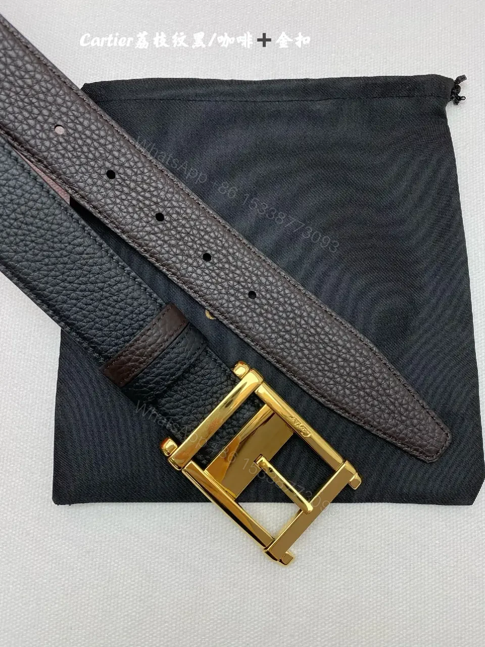 View 2 of Black Leather Belt - Gold H-Frame Buckle, Cartier-Style