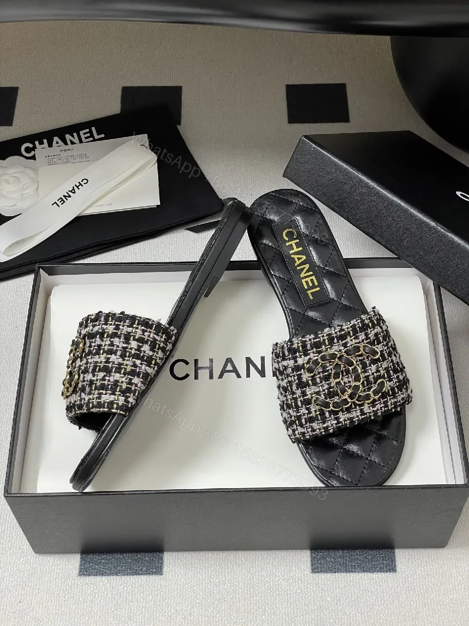 View 4 of Tweed Slide Sandals with Gold Chain Detail, Lux Comfort