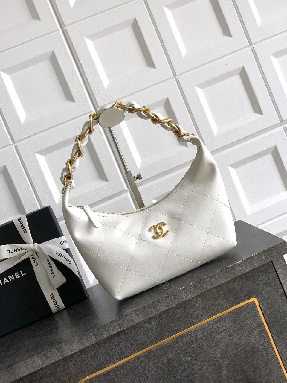 White Quilted Leather Handbag with Gold Chain — view 1