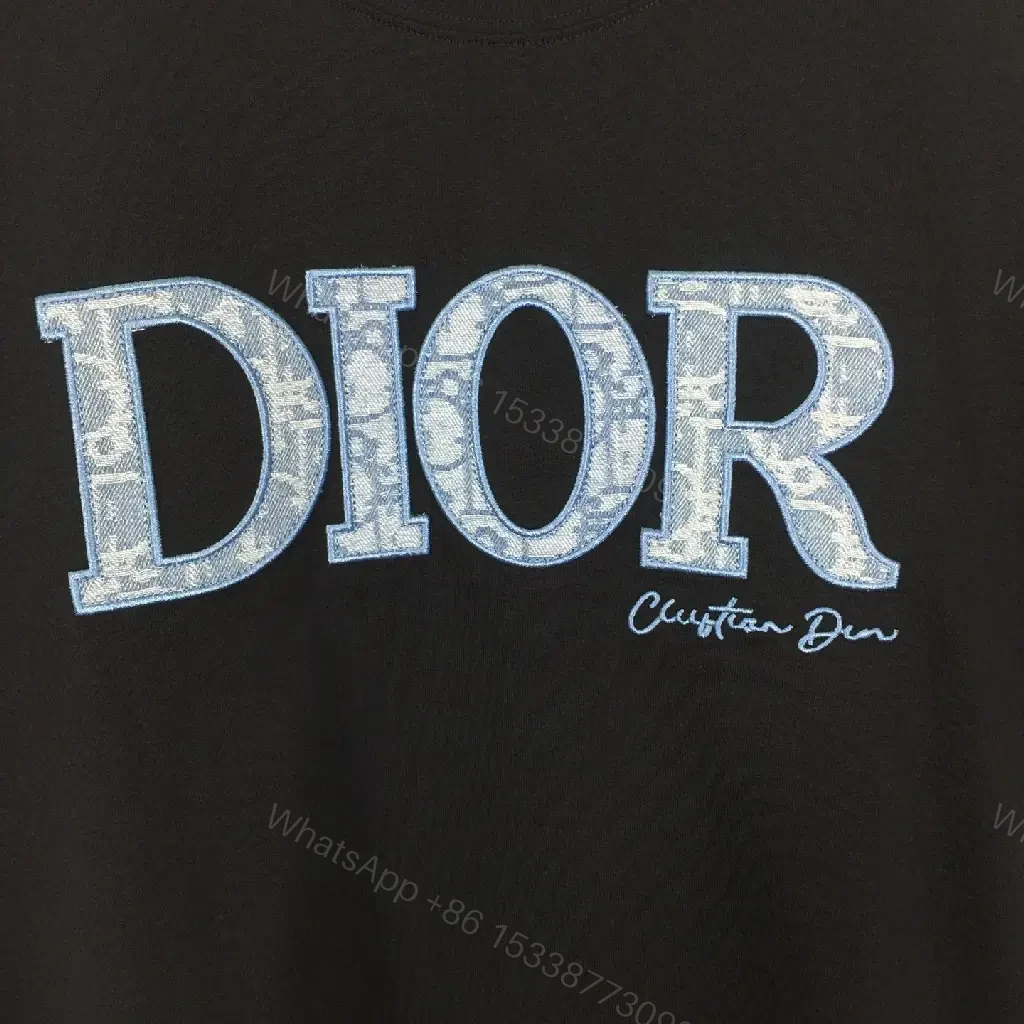 View 3 of Black Denim-Print Tee with Dior Logo, Casual Loose Fit